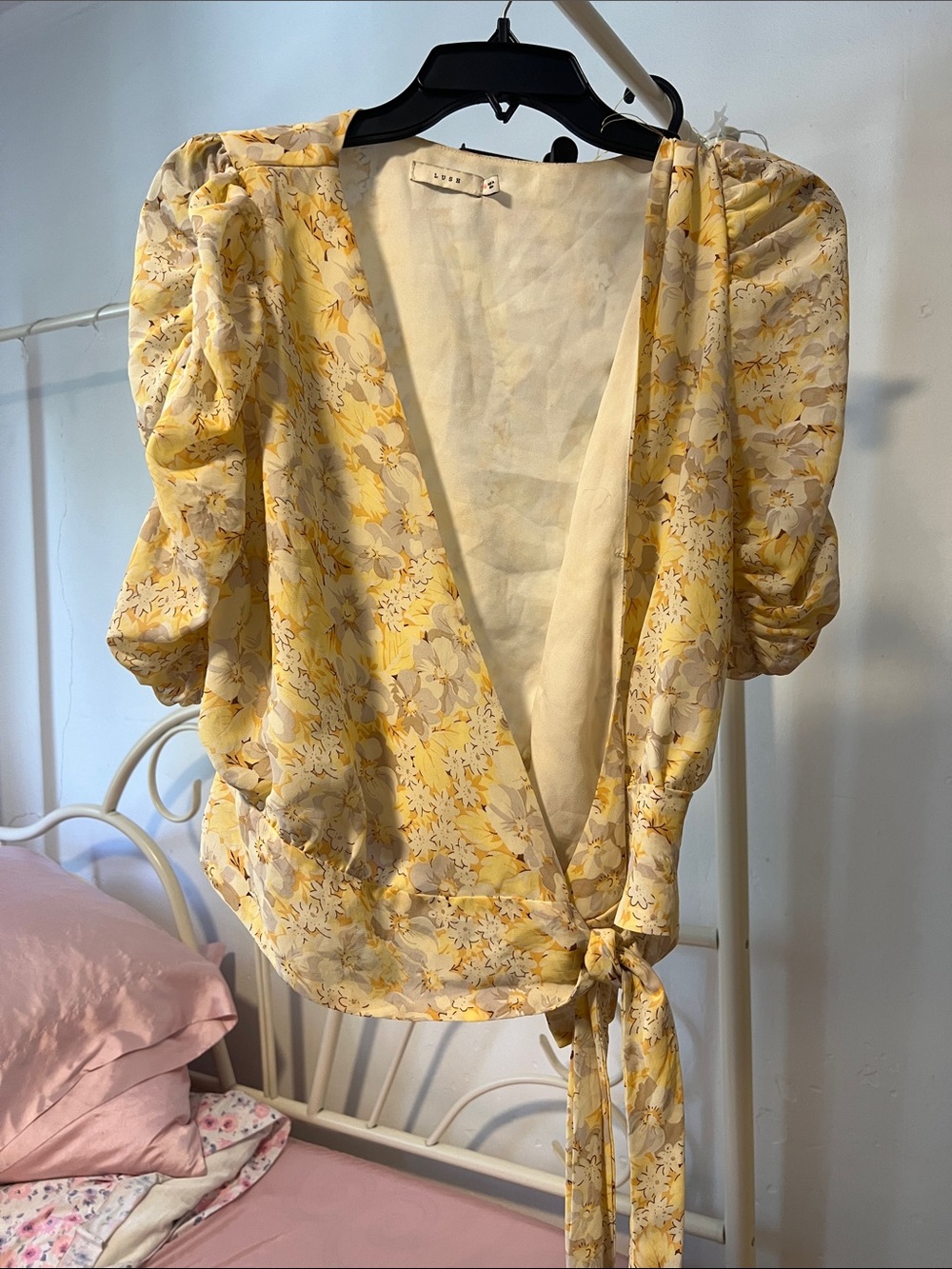 Lush Yellow Floral Wrap Blouse with Puff Sleeves
